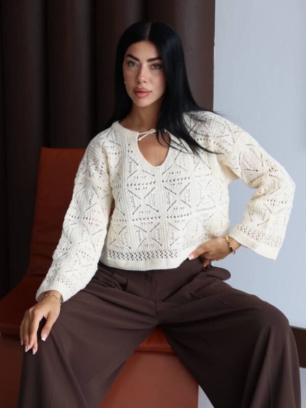 женски ажурен џемпер женски ажурен џемпер со V-израз во беж боја