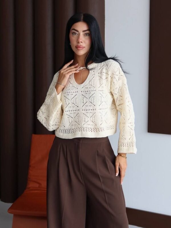 Женски ажурен џемпер со V-израз и долги ракави во беж боја женски ажурен џемпер со V-израз во беж боја