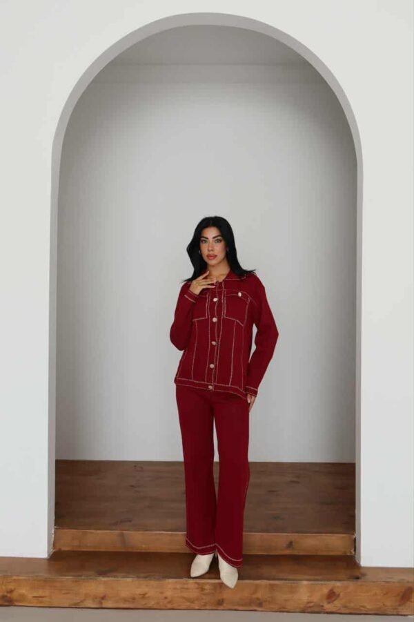 бордо плетен комплет со сако и панталони