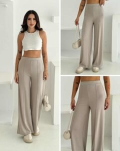 женски панталони од модал со широк крој во беж боја