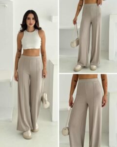 женски панталони од модал со широк крој во беж боја